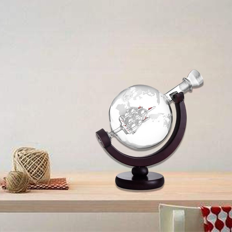 850ML Whiskey Decanter Antique Ship Whiskey Dispenser For Liquor Bourbon Vodka Wine Glass Decanter Globe with Wood Stand