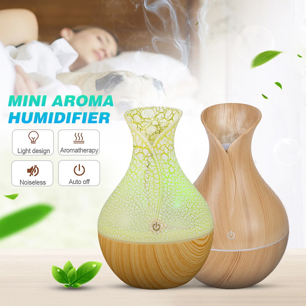 Colorful LED Light Electric Humidifier Aroma Oil Diffuser Ultrasonic Wood Grain Air Humidifier USB Mini Mist Maker for home