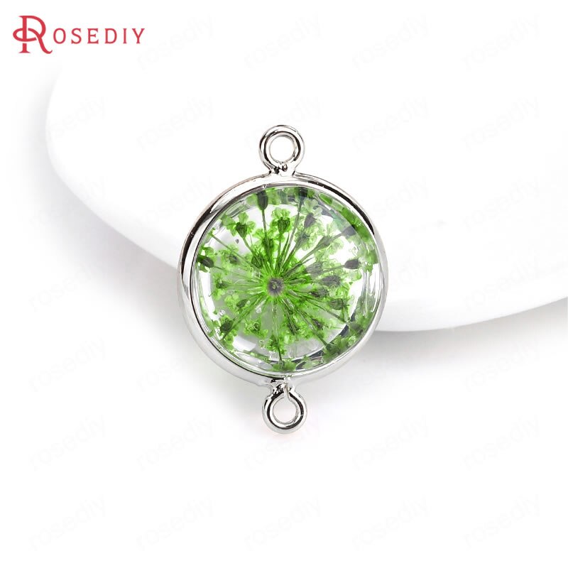 (C828)6 pieces 14x20mm 24K Gold Color Brass and Glass 2 Holes + Dried Flower Round Connect Charms Pendants Diy Jewelry Findings: 35630