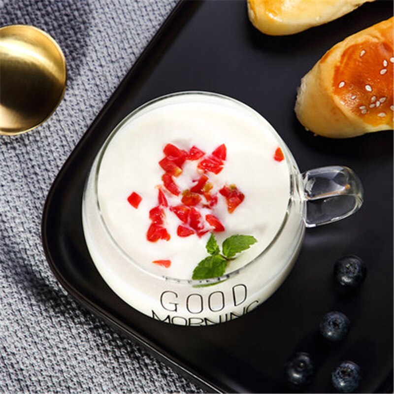 1 stk glas morgenmad kop kaffe te mælk yoghurt krus bogstaver trykt krus gennemsigtigt håndtag drinkware