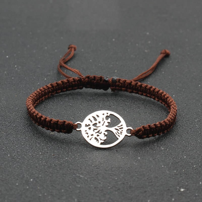 Pulsera de cuerda hecha a mano para hombre y mujer, brazalete de acero inoxidable con colgante de árbol de la vida, ajustable, para pareja: Brown