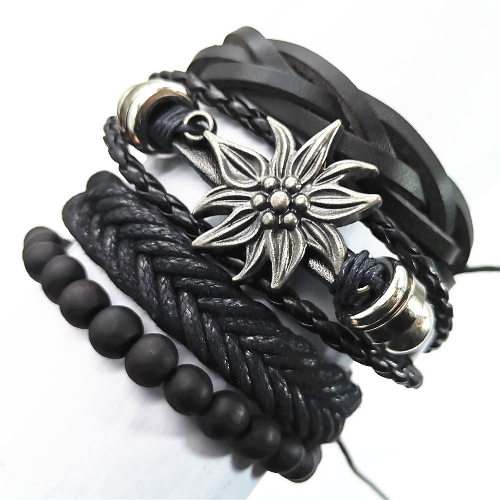 Brown Sunflower Rivet Black Wing Blade Beads Skull Leather Bracelets 4pcs/set Men Bracelets Women Jewelry Accessories