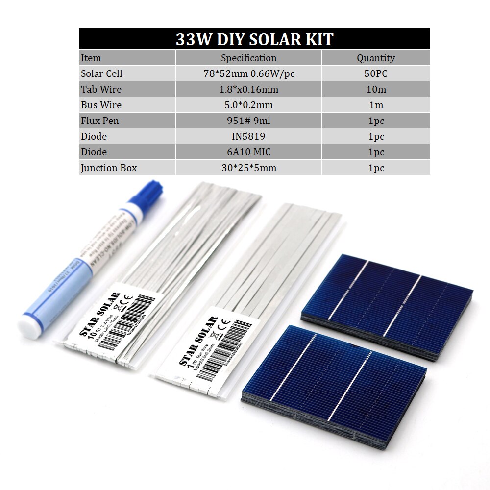 DIY Solar Panel 20 25 30 40 50 Watt 26 39 52 78 156 mm Charger Kit Polycrystall Solar Cell Tabbing Wire Busbar Flux Pen: P-DIY-7852