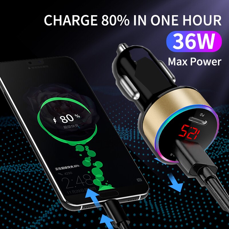 36W Quick Charge 2USB Poort 6A Snelle Pd Usb C Auto-oplader Voor Iphone 12 Pro 11 Xiaomi Huawei QC3.0 Type C Auto Mobiele Telefoon Oplader