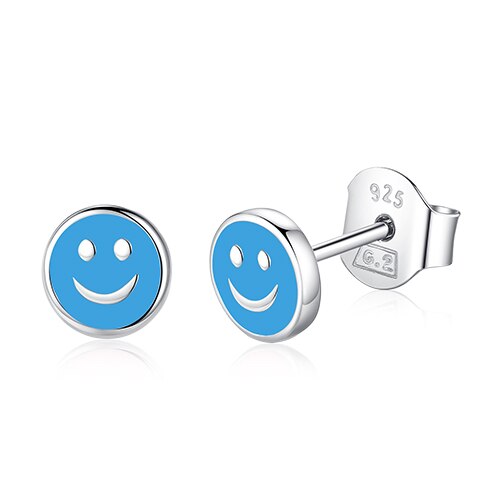 Belawang 925 Sterling Zilver Stud Oorbellen Voor Vrouwen Meisjes Roze Geel Enamel Glimlach Gezicht Oorbellen Sieraden Voor Kids Kinderen: BLUE