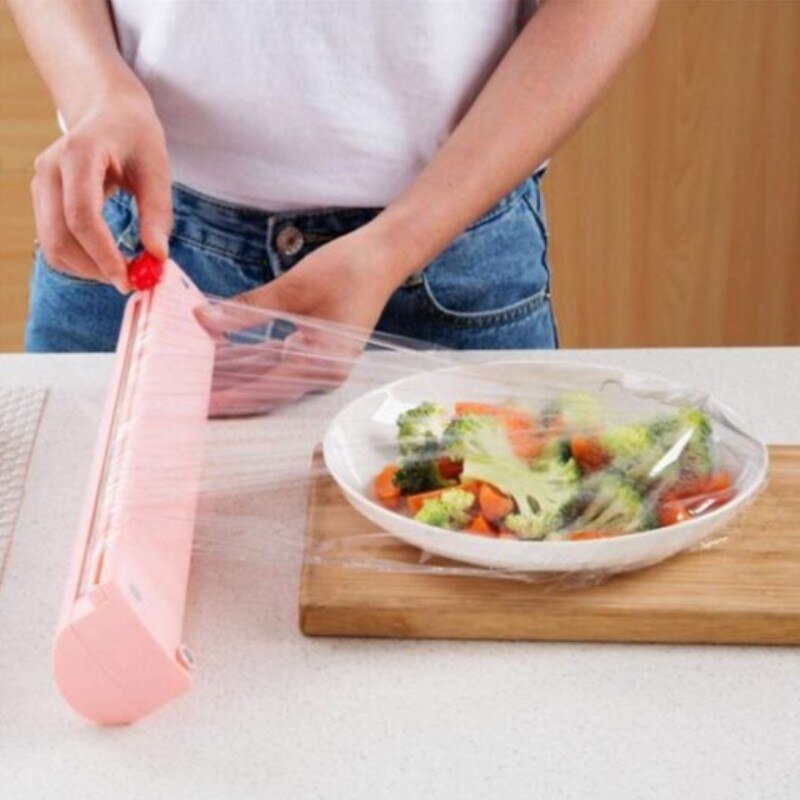 Plastic Food Wrap Dispenser with Slide Cutter Adjustable Cling Film Cutter Preservation Wall-Mounted Storage Box with Suction