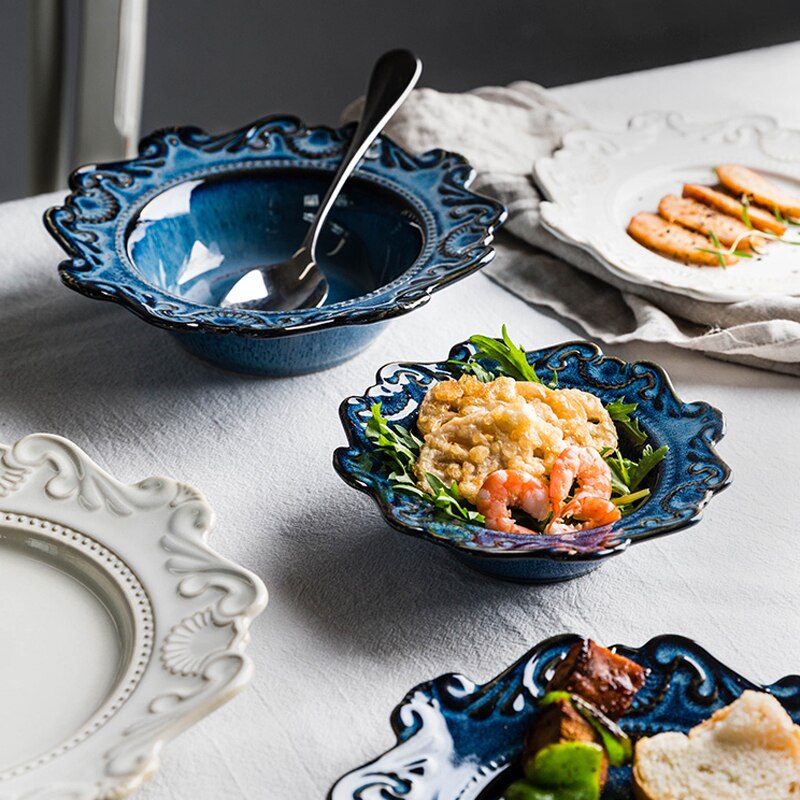 European retro ceramic plates tableware dinner plates ceramic embossed pattern porcelain dessert plate cake plate