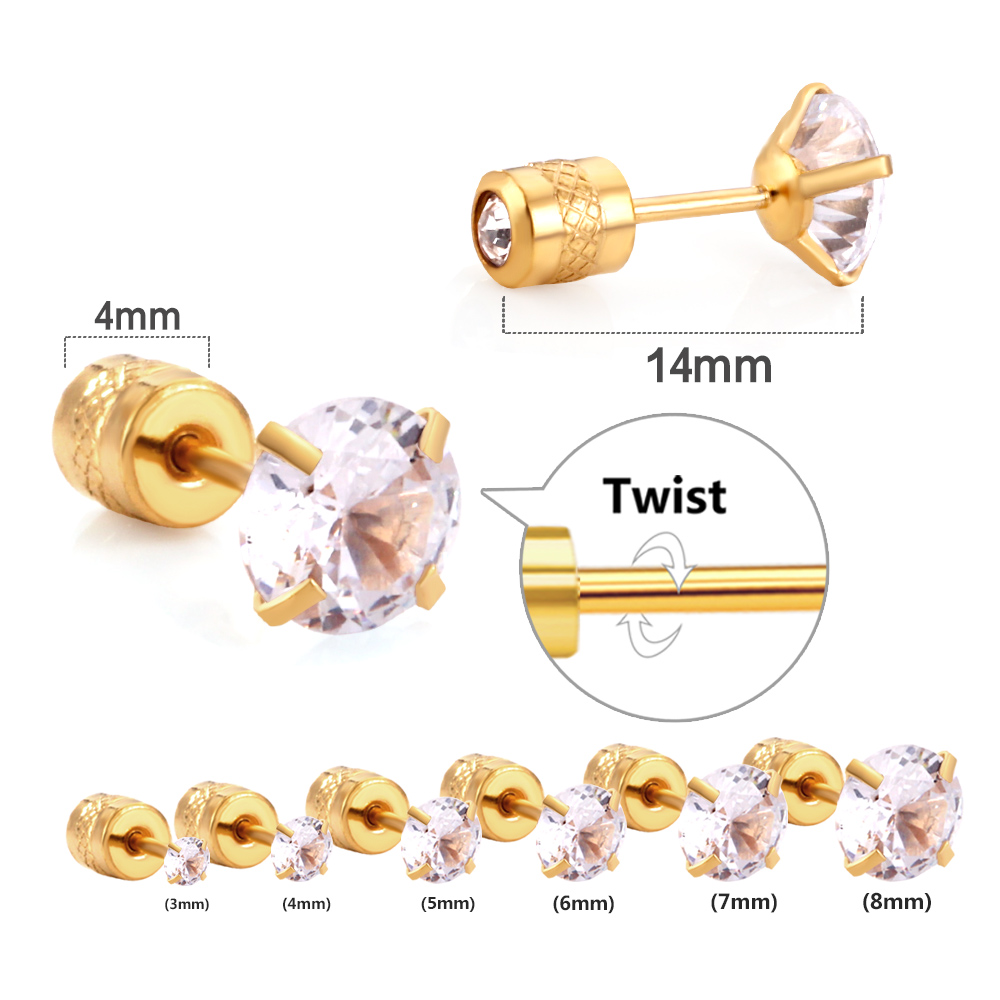 LUXUSTEEL 2Pcs Men's Crystal Zircon Studs Earrings For Women 316L Stainless Steel Cartilage Piercing Ear Anti Allergic 3-8mm: green / Light Yellow Gold Color