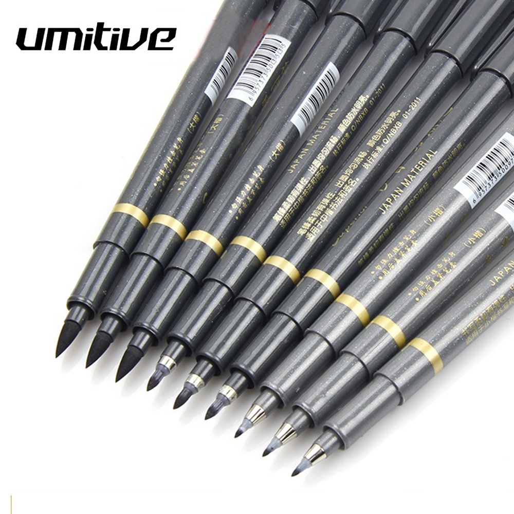Umitive-pluma de tinta de caligrafía negra de 3 tamaños para principiantes, rotuladores de pincel rellenables para escritura y firma, suministros de oficina