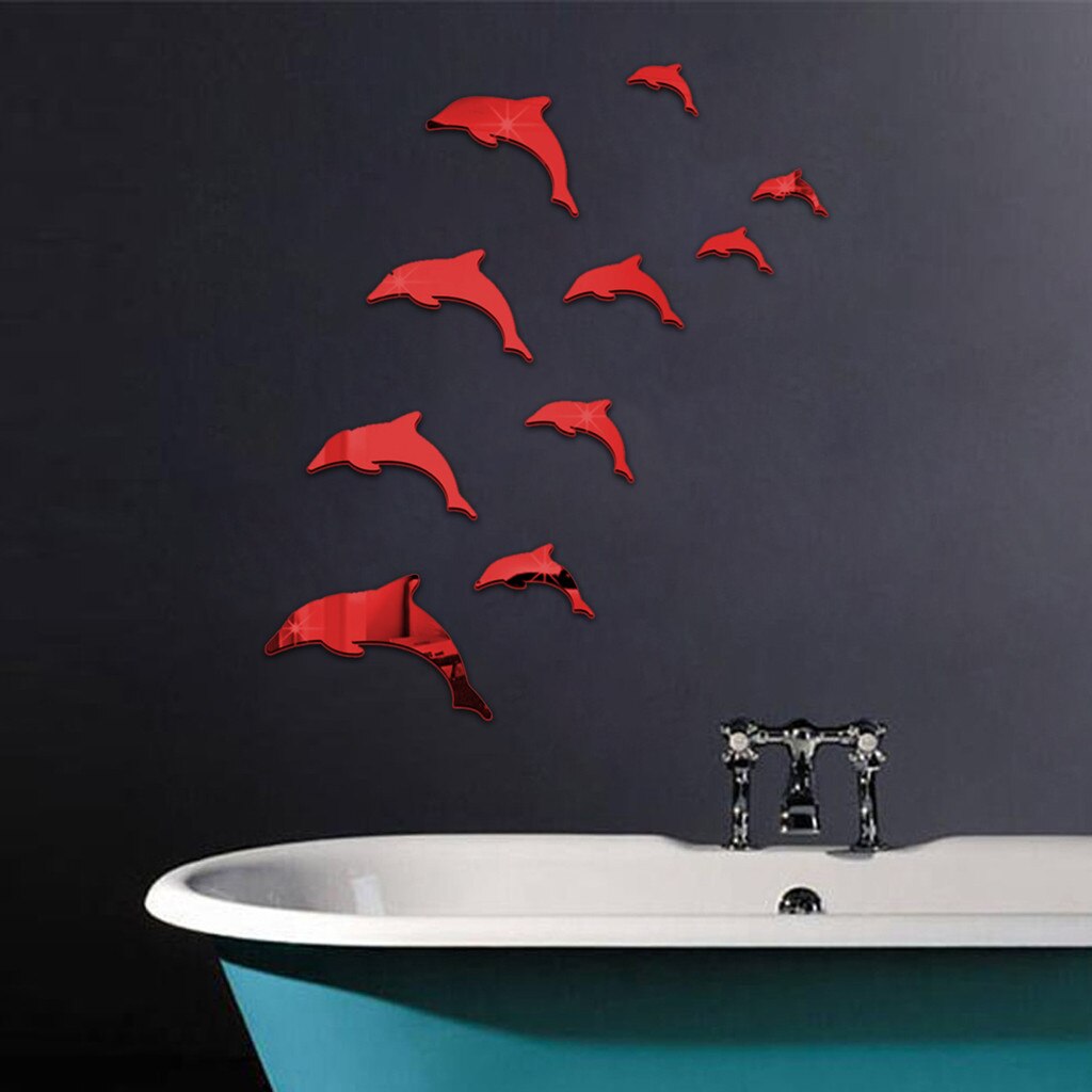 1 Set Muur Spiegel Sticker Acryl 3d Leuke Dolfijn Combinatie Spiegel Effect Muursticker Sticker Home Decor Badkamer Stickers # Y: Red