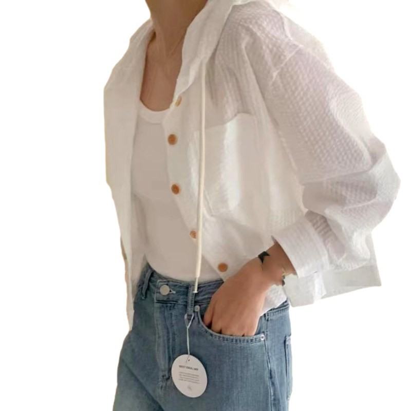 Dameskjorter sommer stribet løs afslappet alsidig enkeltradet langærmet solbeskyttelse hættetrøje cardigan top: Xl / Elfenben