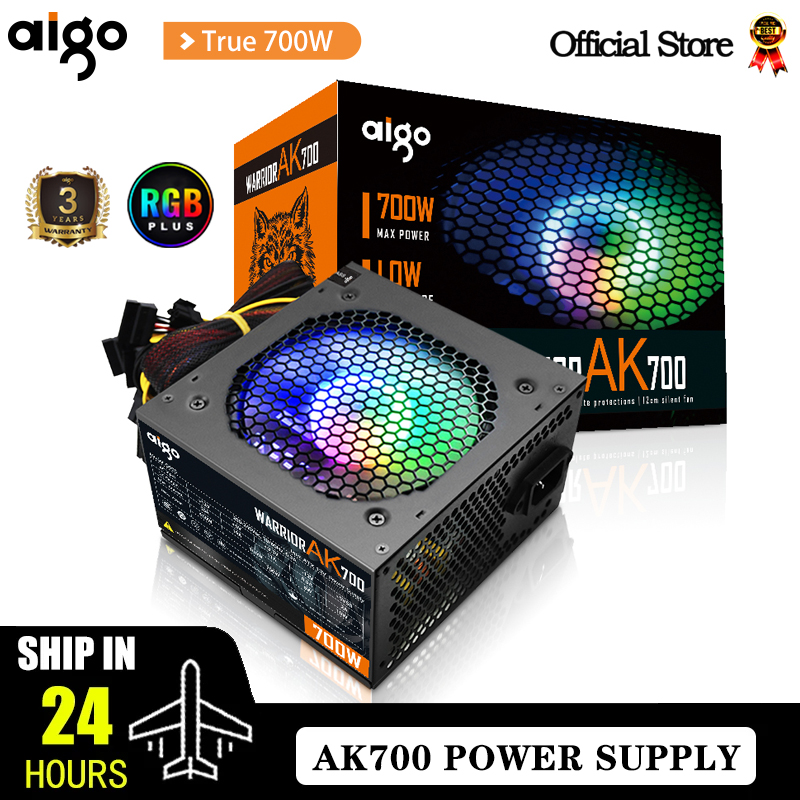 Aigo AK 700W PC PSU alimentatore nero Gaming silenzioso 120mm RGB Fan 24pin 12V ATX alimentatore per Computer Desktop per BTC