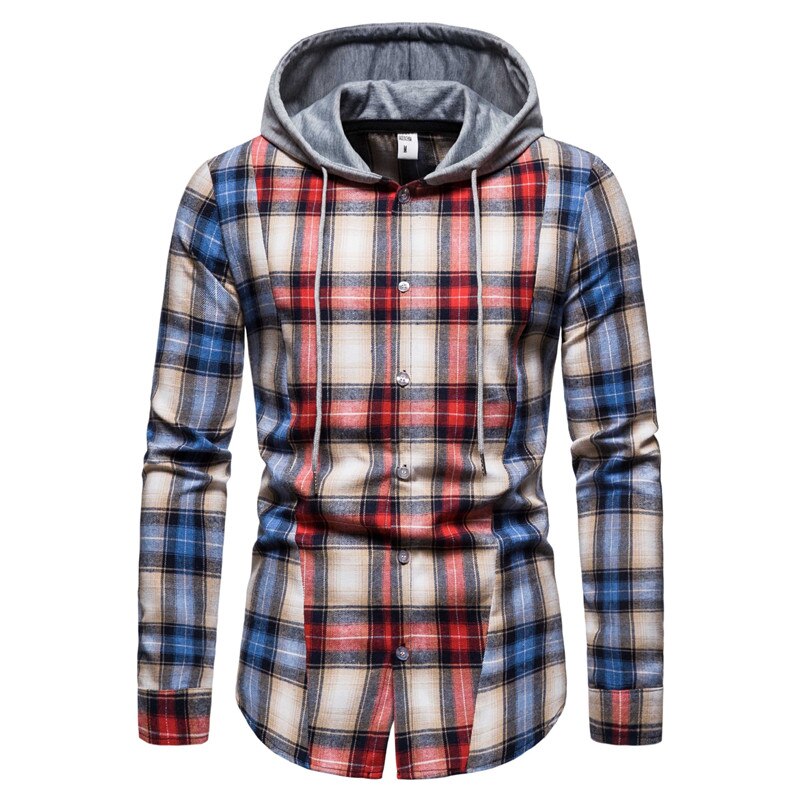 2021New Spring Autumn Hooded shirts men plaid shirt Hip hop High street Patchwork Long sleeve men shirt: XXL90-100kg