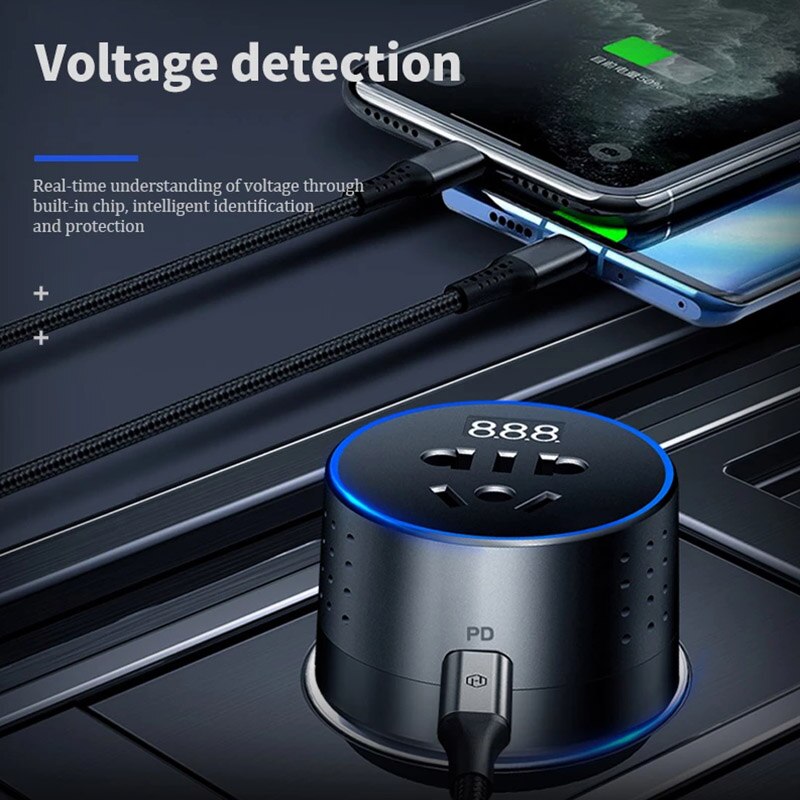 Urvns 12V Naar 220V Auto Omvormer Type-C Pd QC3.0 Snel Opladen Auto-oplader Sigarettenaansteker Usb lader Met Spanning Display