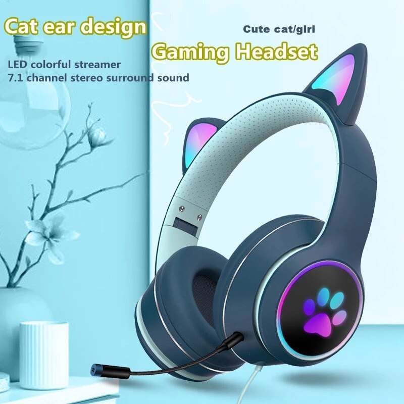 Cute Cat Ear Wired Headphone Noise Reduction Virtual Dual Mic 7.1 Channel LED Light Gaming Headset For Laptop Computer Gamer