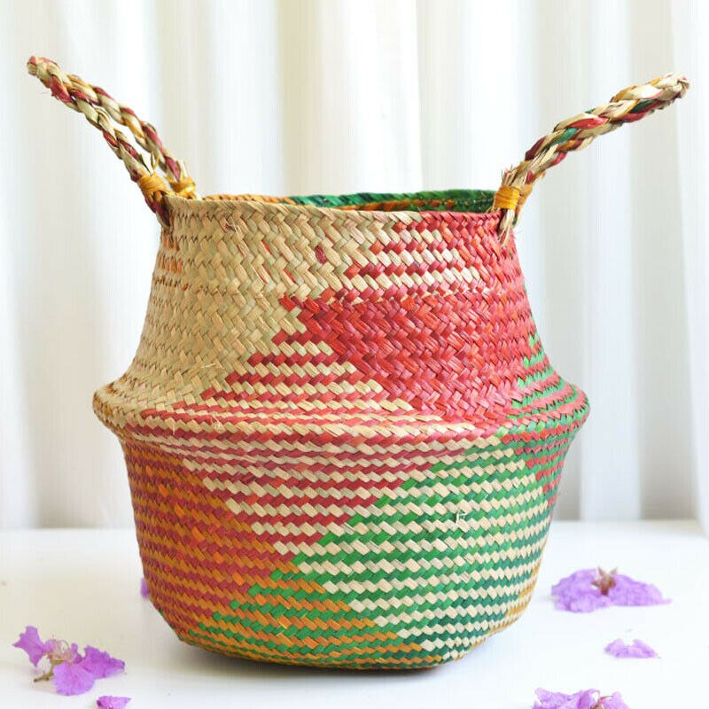 Cesta de paja para plantas de almacenamiento, cesta decorativa multicolor para flores de jardín