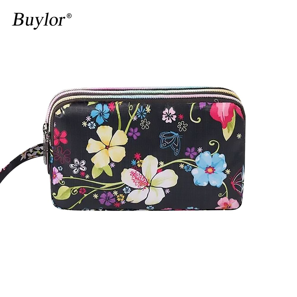 Buylor damesportemonnee met 3 ritsen voor dames, polyester handtas, waterdichte portemonnee, mobiele telefoonhoes, creditcardhouder: Zwarte bloem