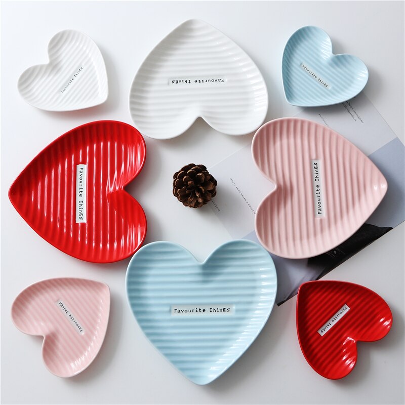 Plato de cerámica en forma de corazón rojo/Blanco/rosa/azul, plato para desayuno, plato para pastel, postre, aperitivo, decoración de plato glaseado