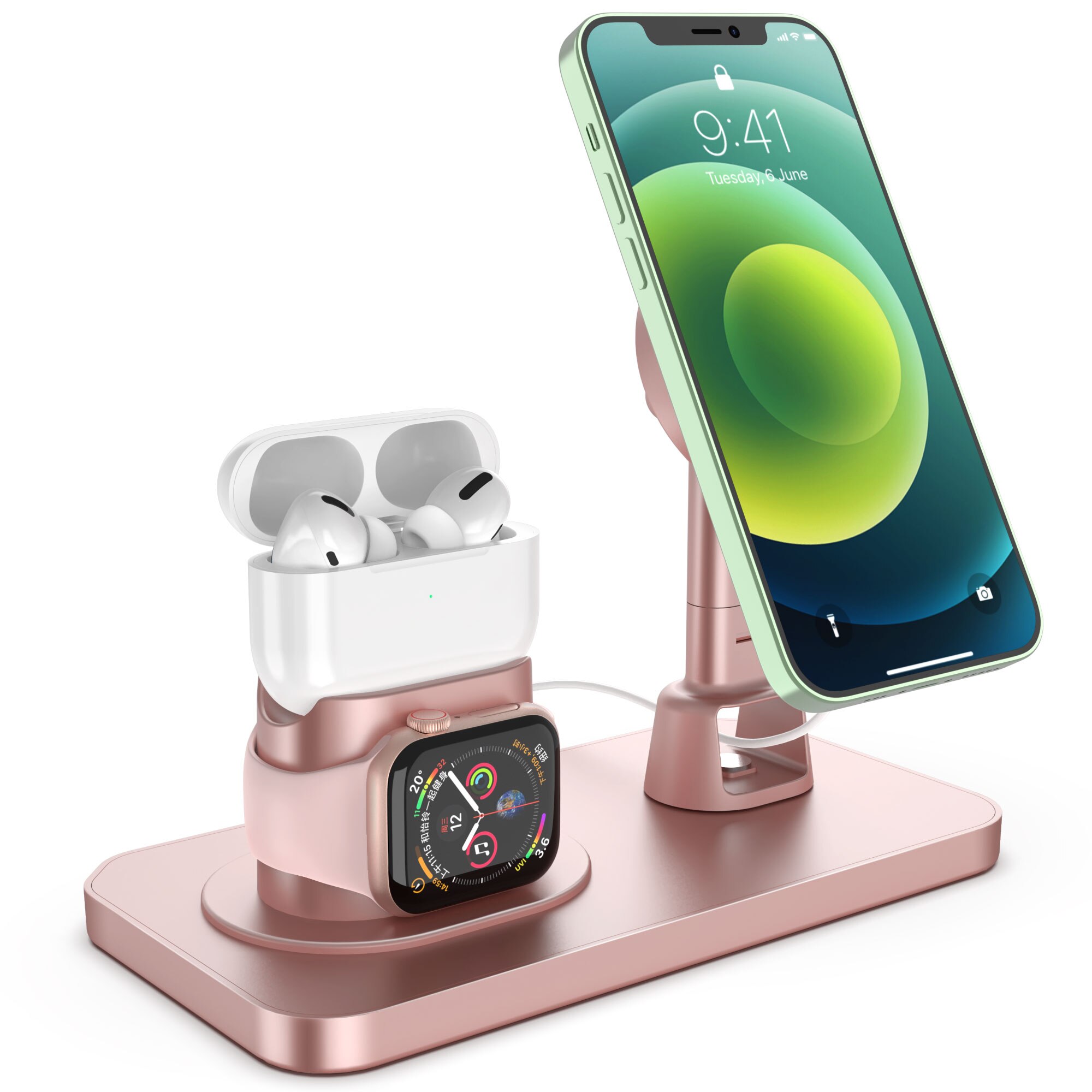 3 in 1 Magnetic Wireless Charger For MagSafe Fast Charging Station Iphone 12 Mini Pro Max For Watch Airpods Chargers Stand Dock: Rose Gold
