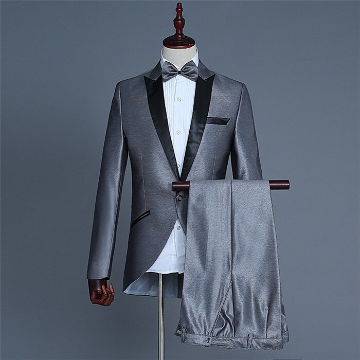 Black Tailcoat Suit Men Wedding Groom Prom Tuxedo Suits Men Party Nightclub 2 Piece Suit (Jacket+Pants) Stage Singer Costumes: gray black collar / XXL
