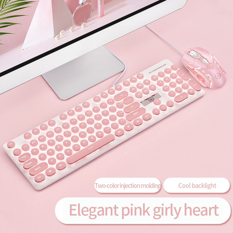 Punk Backlit Gaming Keyboard and Mouse Mechanical Feel Round Keycaps USB Wired Cherry Pink Keyboard Mouse Headphone for PC Gamer