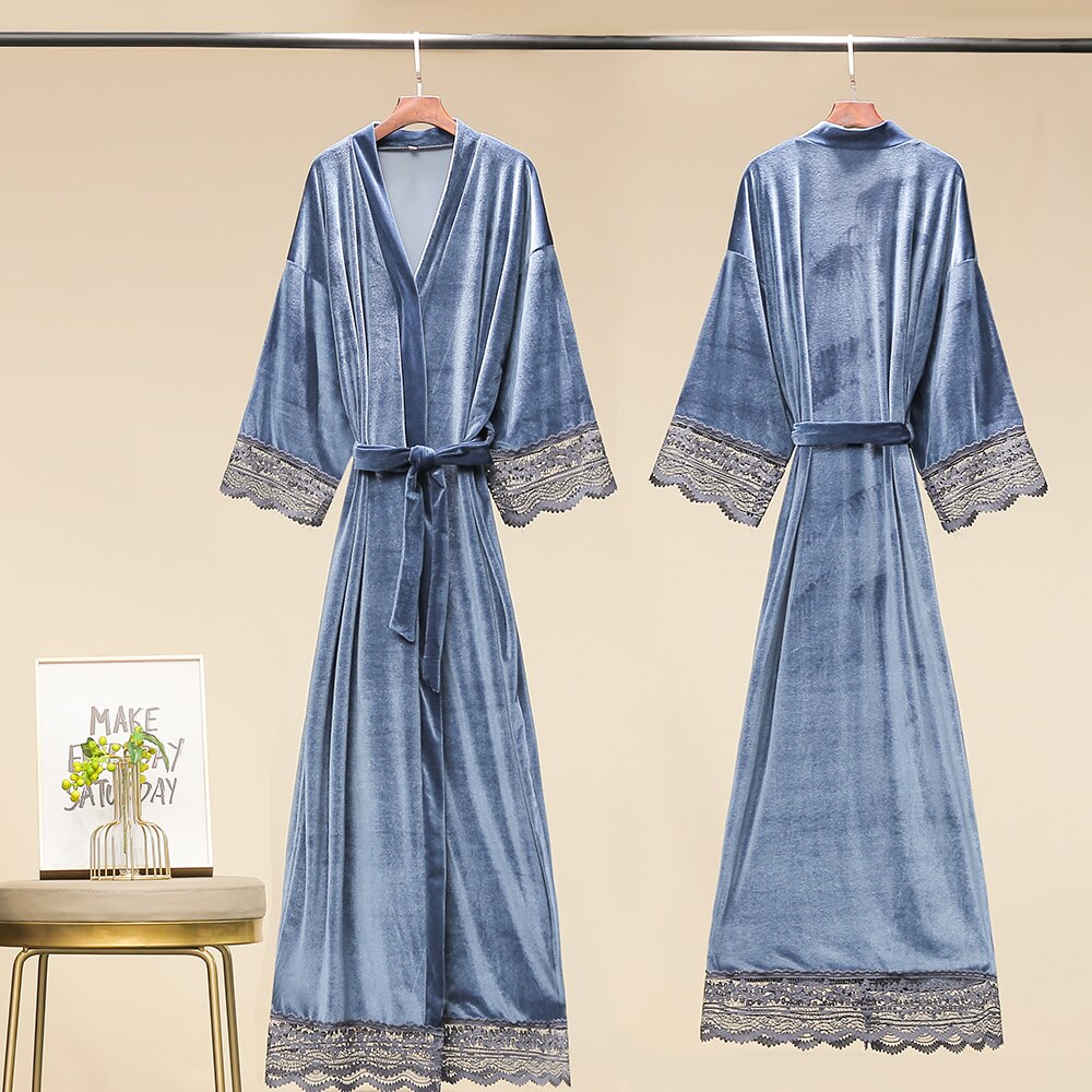 Długi jednokolorowy aksamitny szlafrok dla kobiet szata druhna szaty koronki wykończenia aksamitna szlafrok kimono suknia ślubna czarny aksamit winterrobe: szary niebieski