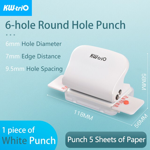 6 hole Punch Notebook 6mm Diameter Round Hole Standard Puncher for A4 A5 B5 Diary Planner Binding Tools Office School A7024: White