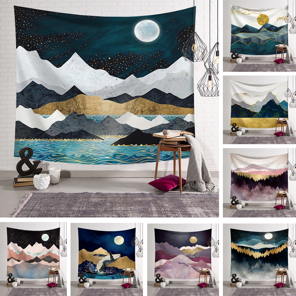 Kunst gobelin væghængende polyester landskab mønster tæppe gobelin hjem dekoration multifunktionsmåtte lille 95 x 73cm