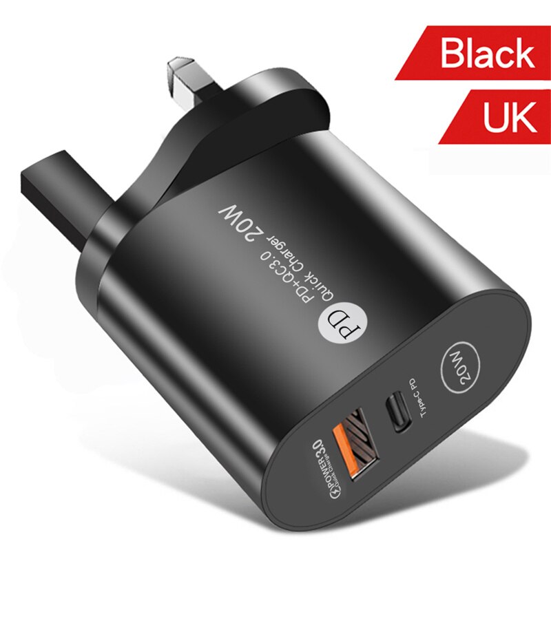 USLION – chargeur USB PD 20W QC3.0, Support USB type-c, charge rapide, pour téléphone iPhone 12 Pro Max 11 AirPods iPad Huawei: UK Black