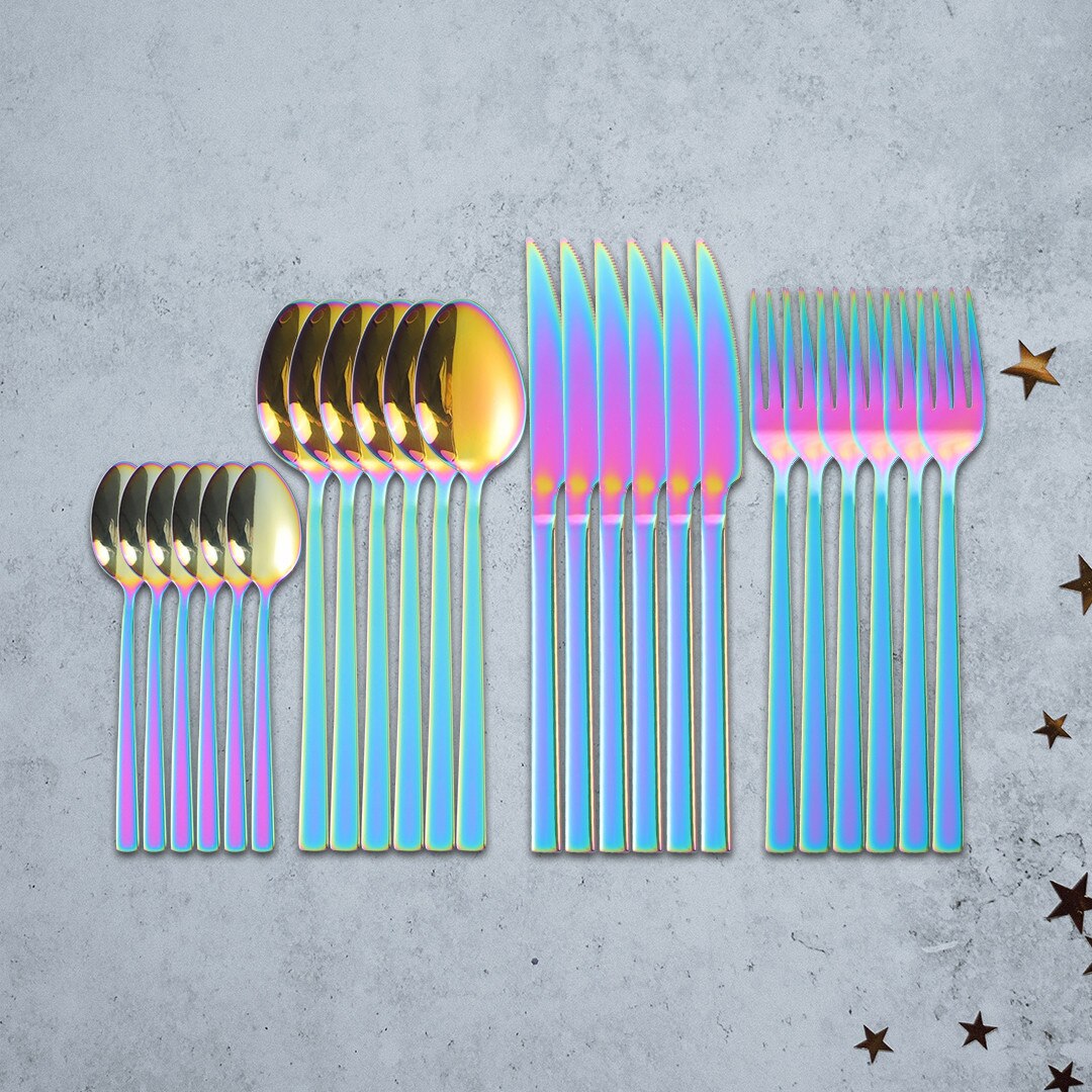 24Pcs Mirror Cutlery Tableware Set Silver Cutlery Stainless Steel Kitchen Set Dinnerware Knife Spoon Fork Dinner Set Complete: rainbow 24 pcs