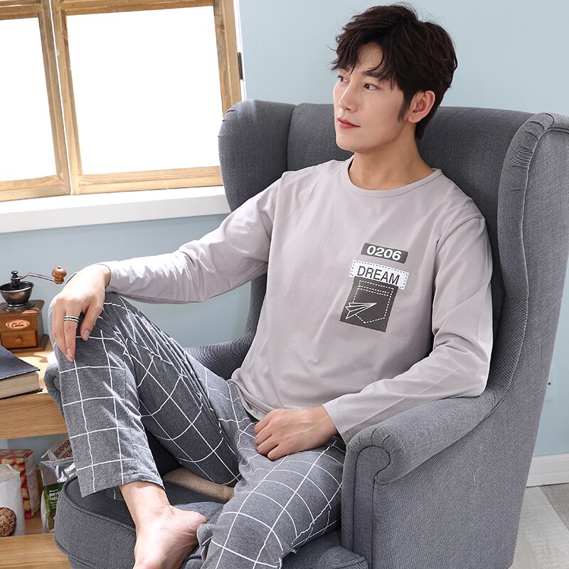 SONG SpringWinter Long Sleeve Pajamas Sets Male Casual Round Neck Household Leisure Home Pyjamas 2 Pieces Young