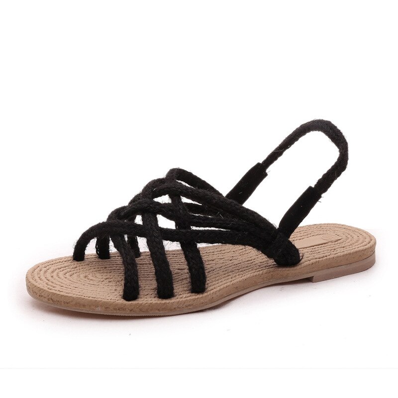 Reb sandaler kvinder sommer rom stil lejligheder sko hamp dame strand sko sandalias de mujer verano peep toe: Sort / 6