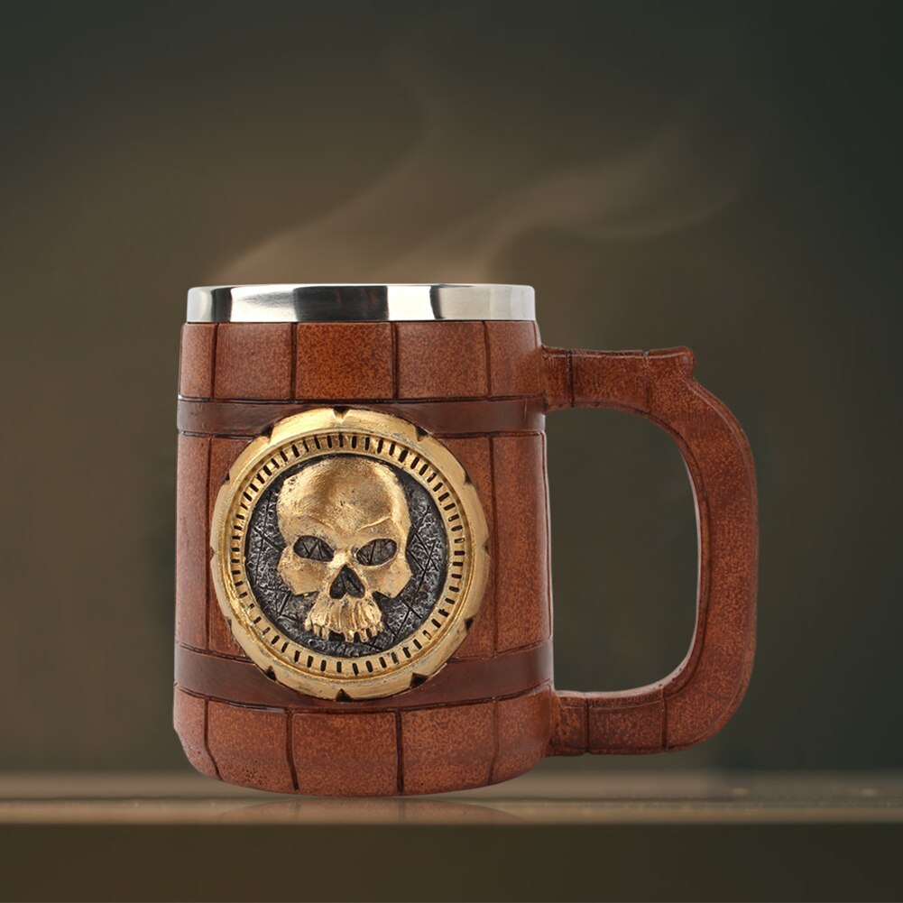 600ml Skull Coffee Mug for Office Desktop Double Insulation Drinking Cup 3D Skull Stainless Steel Halloween Bar Supplies