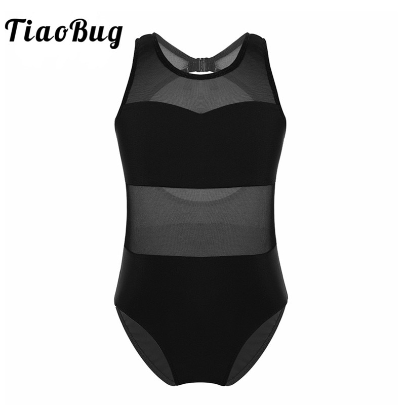 TiaoBug Kids Teens Mesh Splice Cutout Ballet Dance Leotard Girls Gymnastics Leotard Ballerina Costume Dance Wear