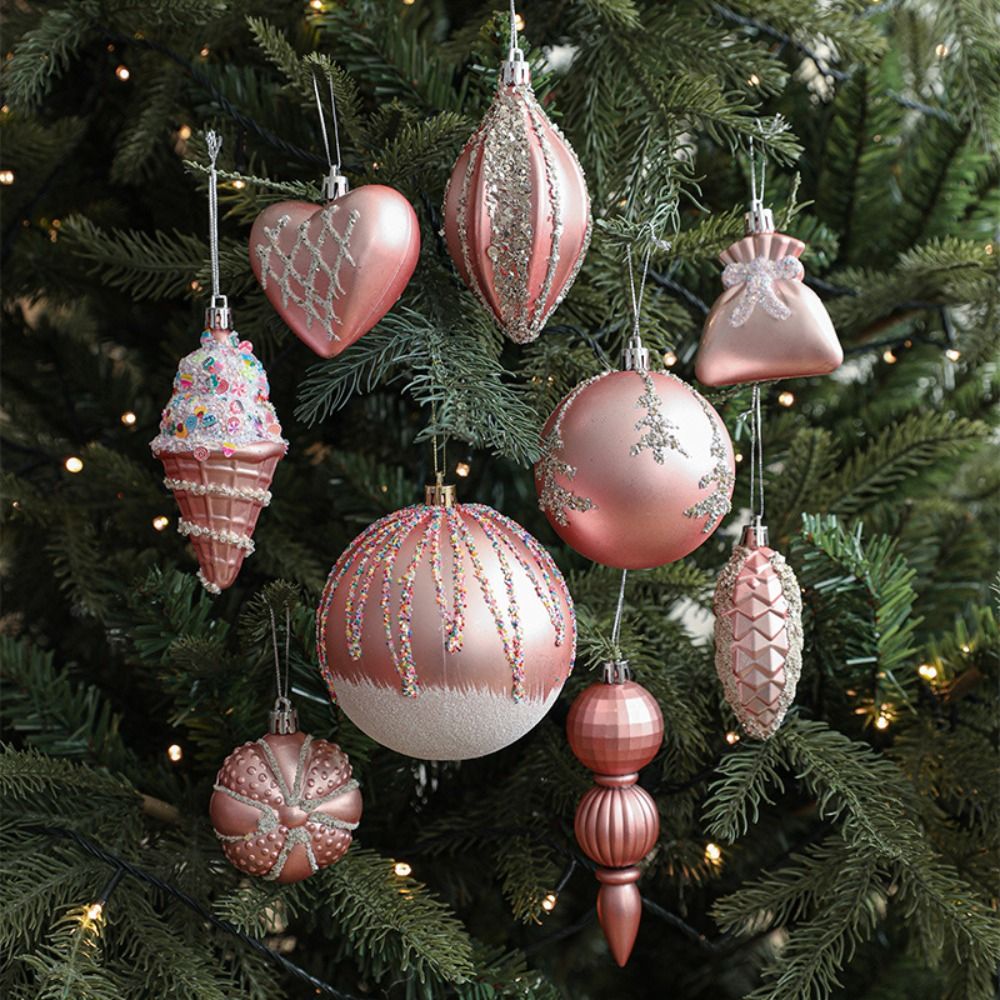 Pink Christmas Balls Pendants Pinecone Ice Cream Xmas Tree Hanging Ornaments Shatterproof Pentagram Merry Christmas Decor