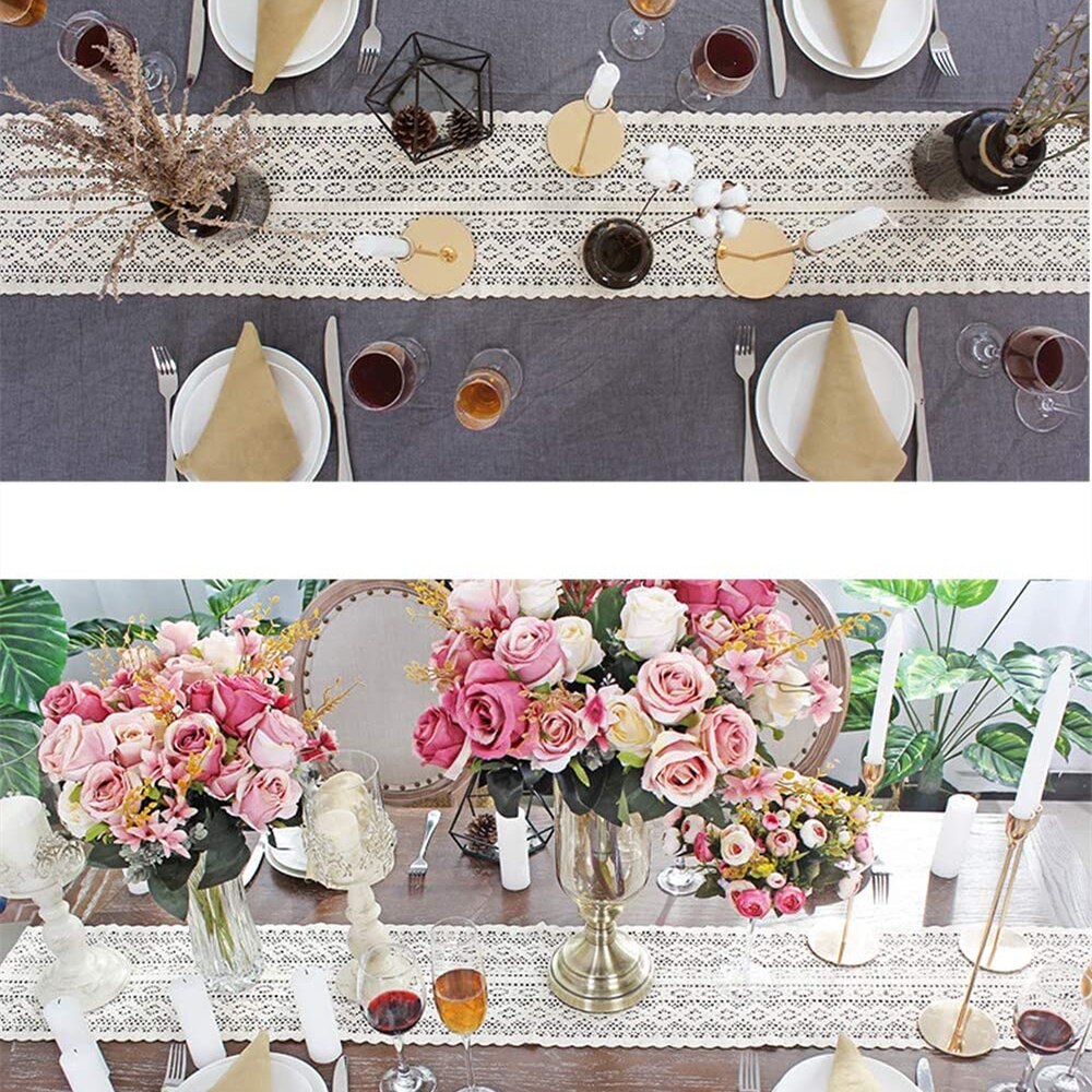Lace Table Runner with Tassel Long Rectangular Hollow Mesh Tablerunner for Home Hotel Wedding Dining Table Decor
