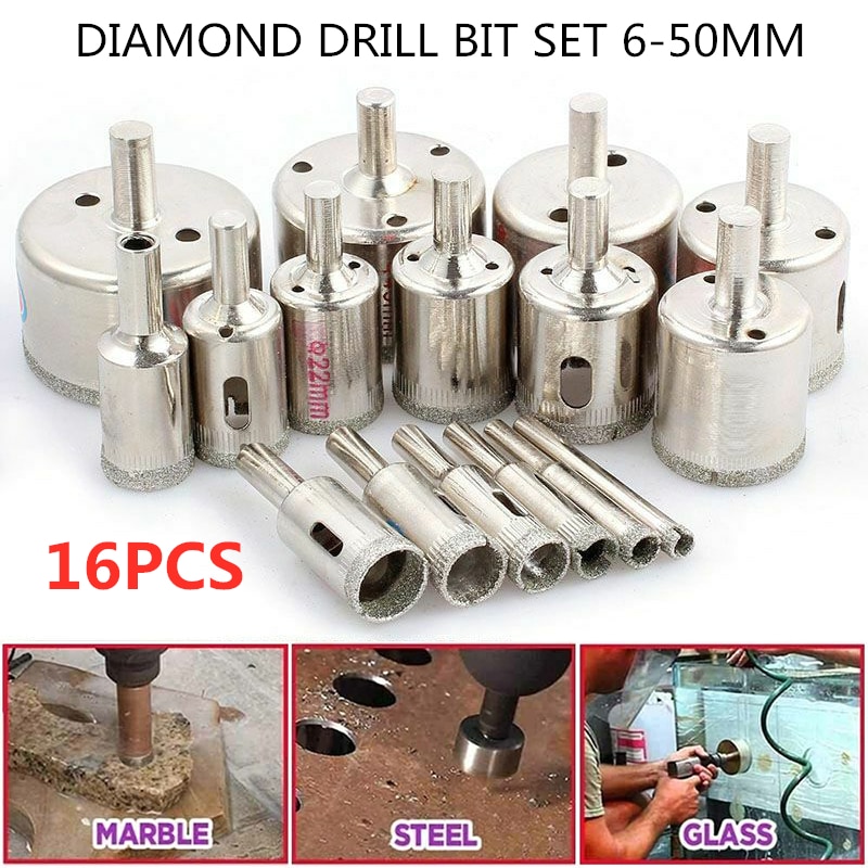 6-50mm 16PCS Diamond Hole Saw Drill Bit Set Glass Ceramic Tile Marble Saw Cutting Tools Diamond Coated Hole Saw Drill Bit Set