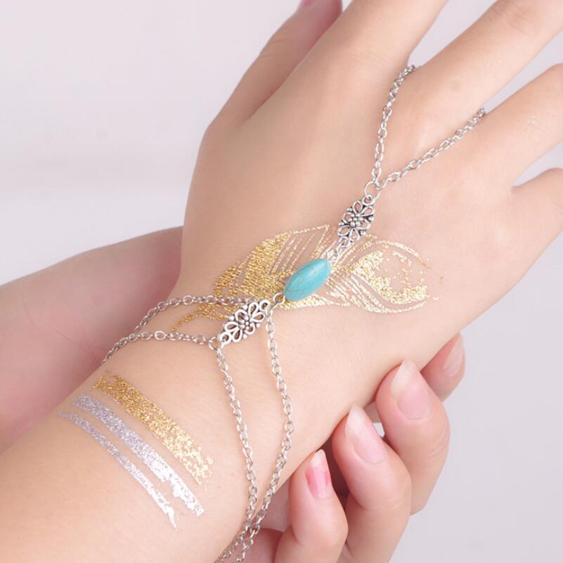 Mode Ketting Armband Punk Verzilverd Vrouwen Metalen Hand Harness Ketting Groene Steen Kralen Slave Vinger Ring Boho Sieraden