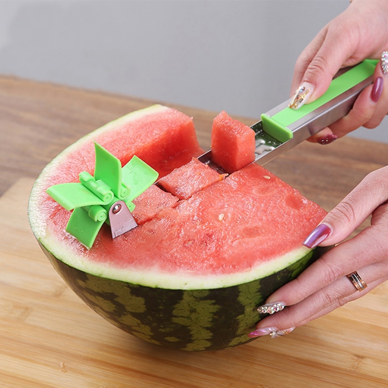 Rvs Watermeloen Snijmachine Fruit Mes Cutter Ijs Ballers Meloen Scoop Dubbele Grootte Lepel Set watermeloen cube slicer