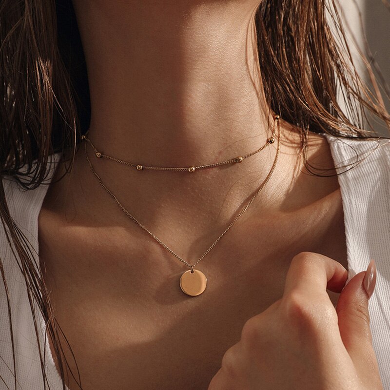 Rvs Ketting Ronde Cirkel Hanger Voor Vrouwen Elegante Sleutelbeen Gouden Ketting Bruiloft Sieraden