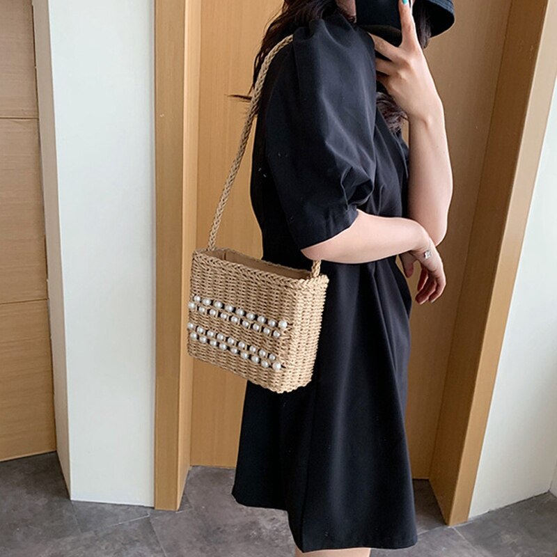 All-match fritid semester strand pärla väska dam liten fyrkantig väska halm axelväska handväska
