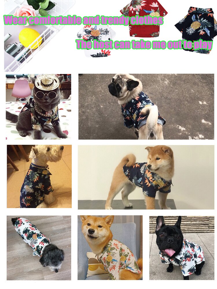 Hundkläder sommar skjorta i hawaiisk stil tryckt ananas bomull linne skjorta små och medelstora teddy shiba inu husdjurskläder