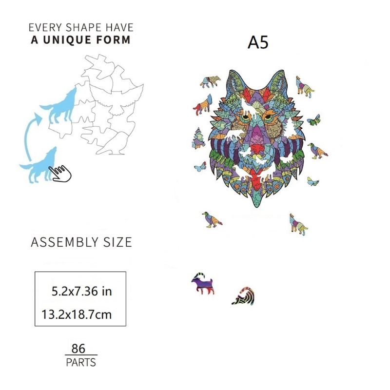 Wooden Puzzles for Adults Animal Shaped Puzzles Wolf 5.2x7.36in(A5-86Piece) Best for Adults&amp;Kids Wooden Jigsaw