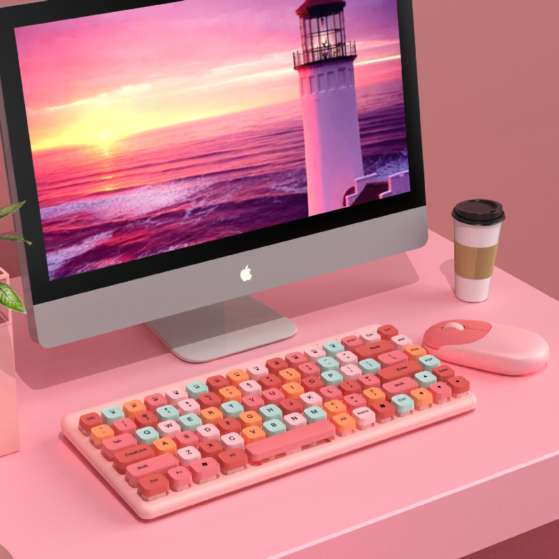 Cute Cherry Pink Multicolor Wireless Keyboard And Mouse Set Gaming Desk Setup Gamer Keyboard Waterproof Slim Keycaps Portable