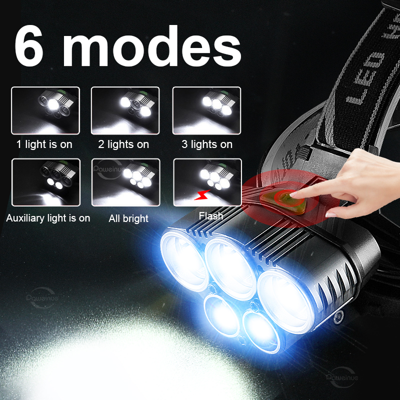 5 Lights Headlights LED Rechargeable Headlamp Ultra Power Head Flahslight Outdoor Waterproof Head Lamp 18650 Battery Head Lights