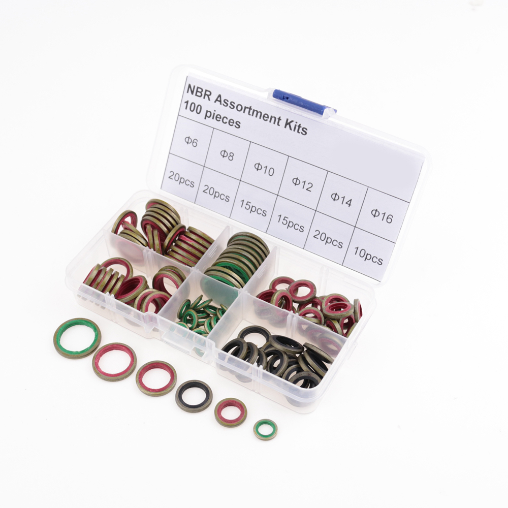 100 stk  m6 m8 m10 m12 m14 m16 højtryks hydraulisk gummi olierør tætning pakning nbr metal tætningsring sortimentssæt