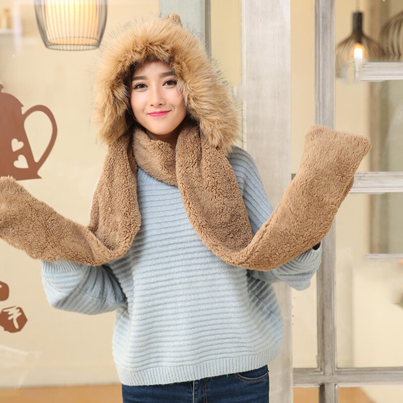 3 In 1 Women Winter Warm Soft Hood Scarf Snood Pocket Hats Gloves Hooded Srarves Scarf Hat Glove 3 Piece Sets