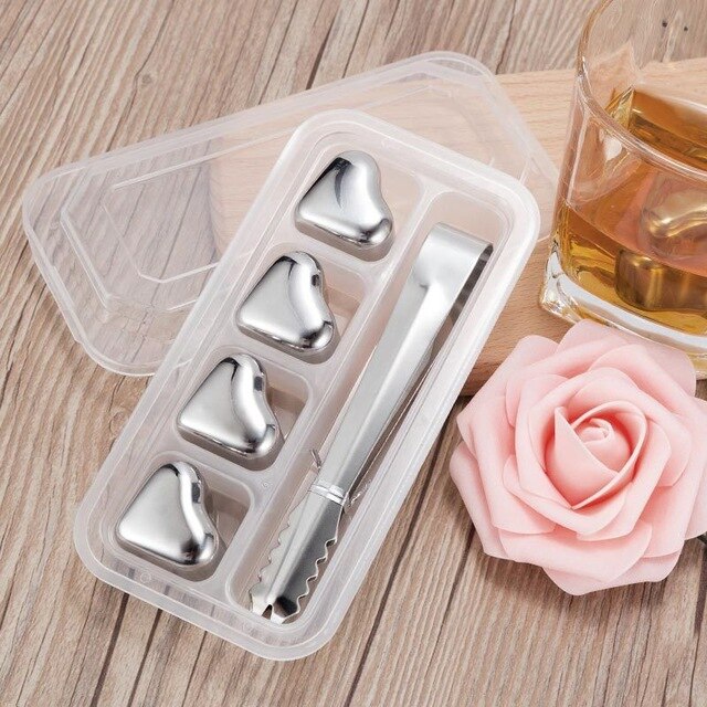 Reusable Stainless Steel Whiskey Stones Ice Cubes Wine Chillers Drinks Cooler Champagne Whiskey Bar Accessories Home Bars: Heart 4PC box clip