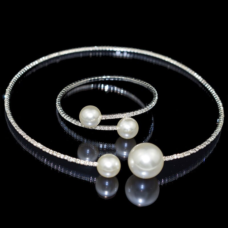 Mode Eenvoudige Gesimuleerde Parel Bruids Sets Kristal Bruiloft Sieraden Ketting Bangle Set Voor Vrouwen Bruiloft Sieraden: Silver