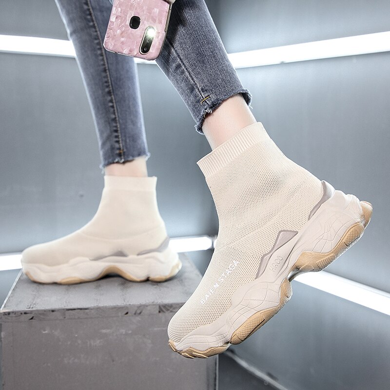 Kvinder høje strømpesko chunky sneakers slip-on dame platform fritidssko kvinde støvler hvide efterår kvinder sko